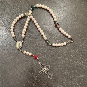 White and Silver Beaded Necklace with Cross Pendant